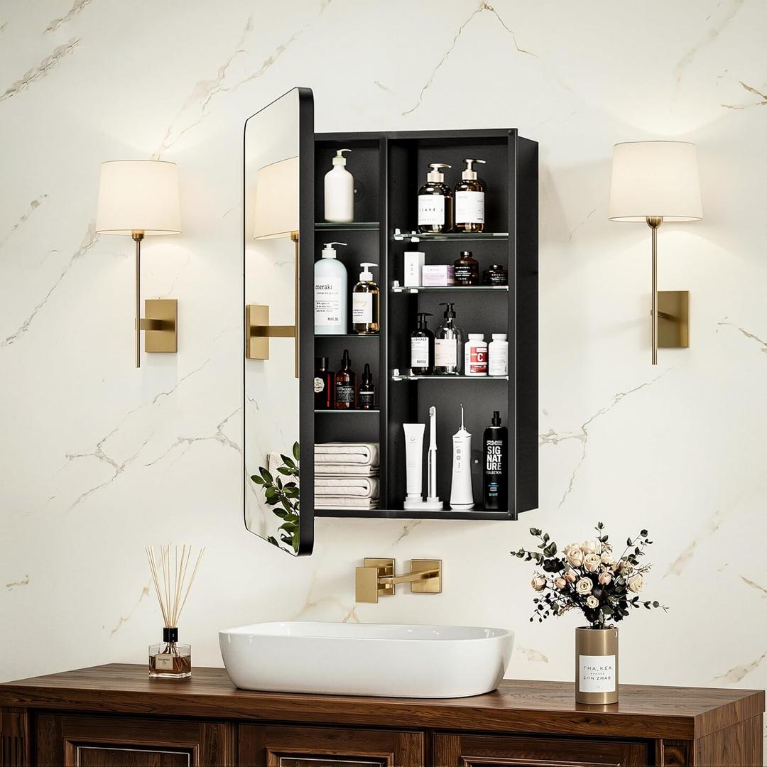 16x24 Medicine Cabinet with Mirror, Aluminum Bathroom Wall Organizer, Pre-Assembled, Center Partition for Tall Bottles, 6 Adjustable Shelves, Soft-Close, Recessed/Surface Mount, Matte Black