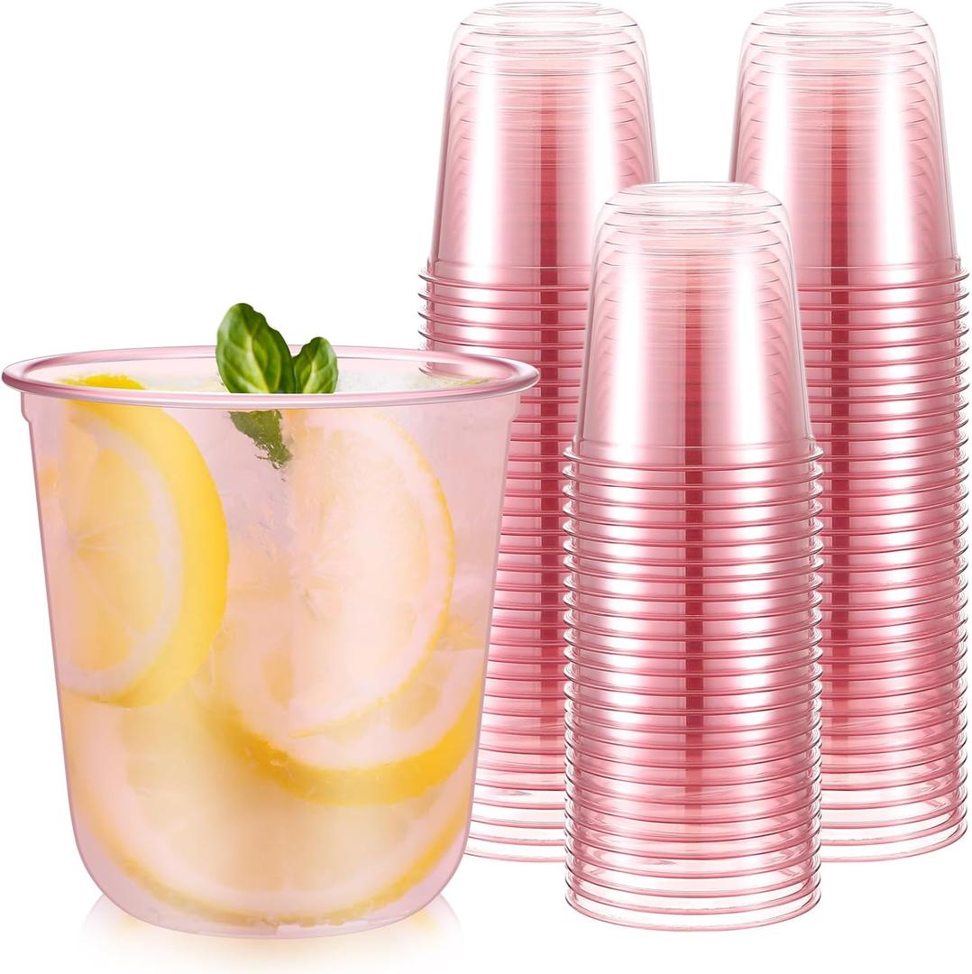 Ziliny 50 Pcs Disposable Stemless Glasses 12oz Crystal Plastic Wine Glasses Clear Classic Pet Cup for Meeting Weddings Birthdays Cocktail Christmas Party Supplies (Pink)