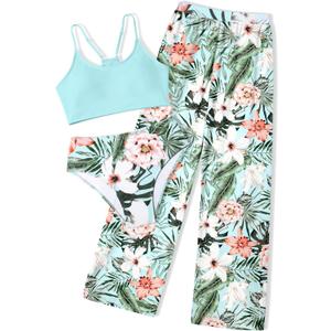 NECIOUS Girls Swimsuit, 3 Piece Bikini Bathing Suit Tropical Floral Swimwear with Cover Up Pants 7-16Y (13-14 Years, Mint Green)