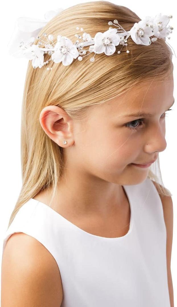 Girls' White Pearl Rhinestone Center Floral Crown First Communion Flower Girl Head Wreath with Veil