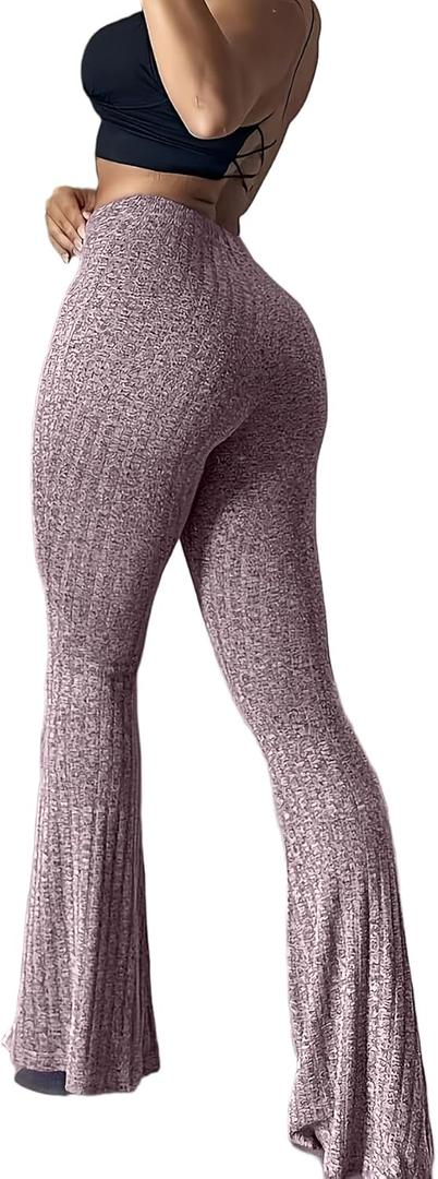 Women's Ribbed Knit Flared Pants, Stretchy Fitted Bell Bottom Yoga Pants (Pale Pinkish-grey, XS)