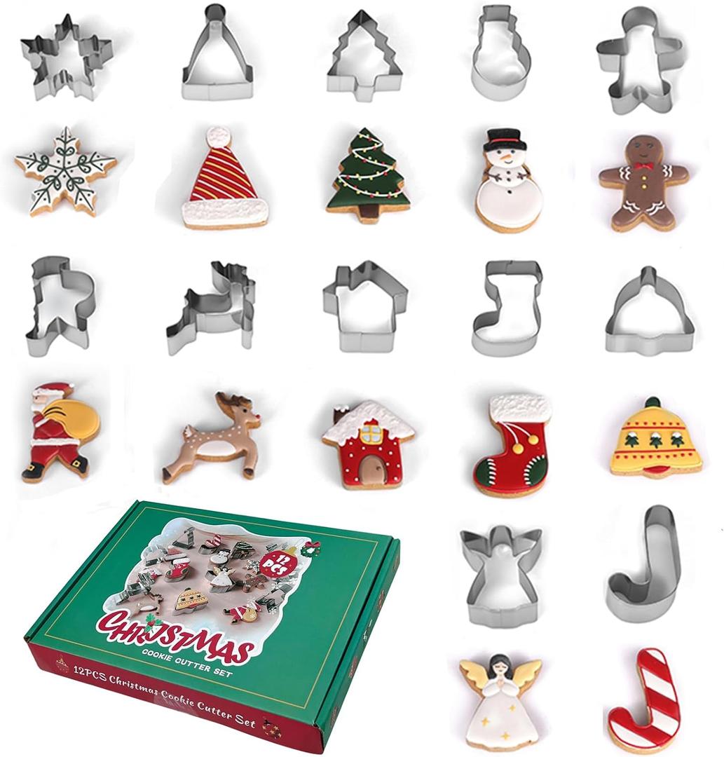 Christmas Cookie Cutter Set of 12, Stainless Steel Christmas Cookie Molds For Baking Biscuits -Christmas Tree, Gingerbread Man, Snowflake, Snowman Shapes For Favorite Holiday Baking (Green Gift Box)