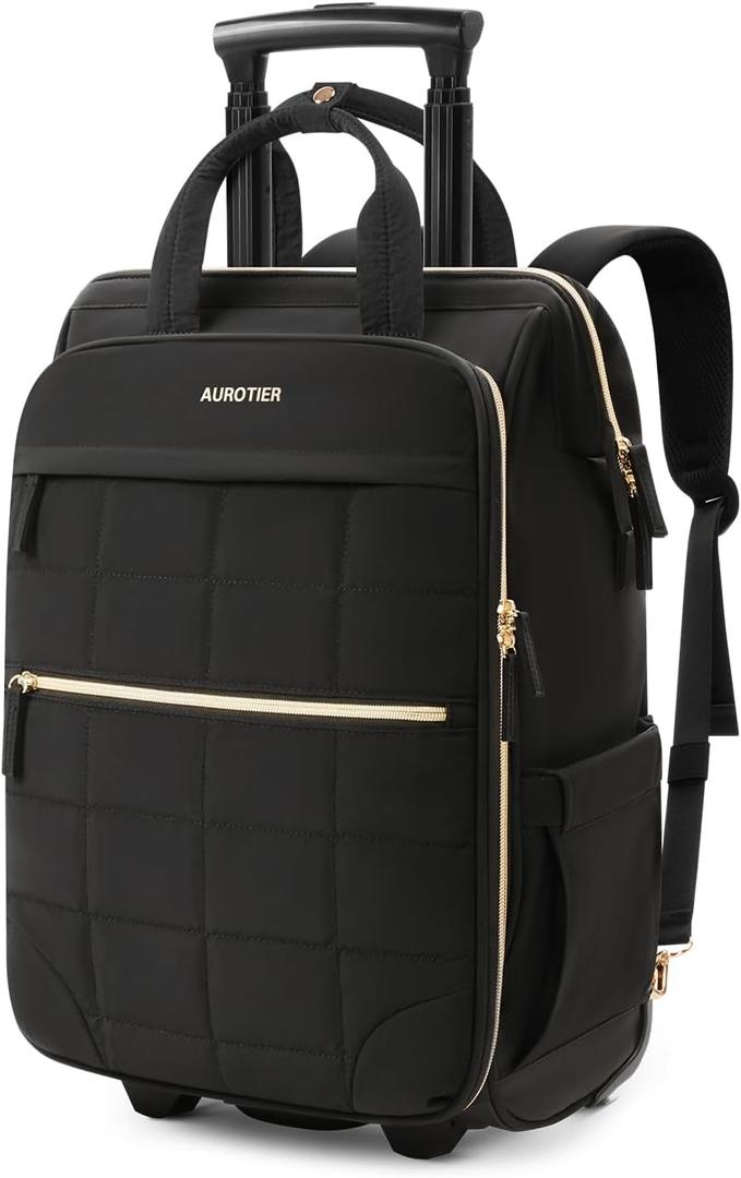 Rolling Puffer Backpack for Women, Wheeled Laptop Backpack, Short-Term Travel Backpack with Wheels, Roller Adults Work Computer Bag, Water Resistant Overnight College Underseat Carry on Luggage, Black