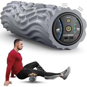 FITINDEX Vibrating Foam Roller for Back Pain, 5-Speed Muscle Massage, FSA HSA Eligible, Exercise, Muscles Deep Tissue, Physical Therapy, Pilates, Yoga, Neck, Leg, Rechargeable, Travel Portable Gray