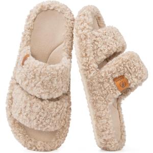 EverFoams Womens Fuzzy Open-toe Slippers Indoor Vintage Khaki, 7-8 US