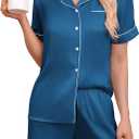 KCW Pajamas for Women Set 2 Piece Silk Satin Lounge Sets Short Sleeve Top and Shorts Pj Set Button Down Sleepwear, XXL