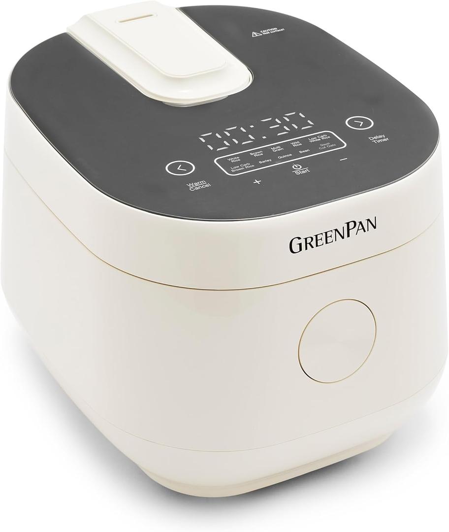 GreenPan Carb Reducing Electric Rice Cooker, 4 Cups Uncooked/8 Cooked Rice, 10 Presets, LED Display, Healthier Meals, Delay Timer, PFAS-Free Ceramic Nonstick Removable Bowl, Cool Touch, Steam, Cream
