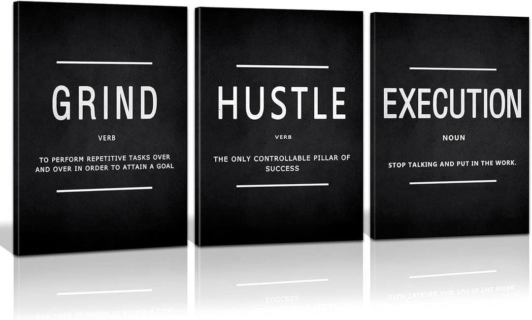KAWAHONE Grind Hustle Execution Quotes Framed Wall Art, Inspirational Painting Prints Poster Wall Decor Motivation Canvas Entrepreneur Wall Picture for Home Office Business Workplace Ready to Hang (16x24inx3pcs, Power01)