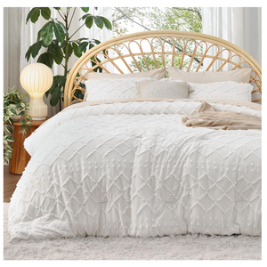 Bedsure Queen Comforter Set - White Comforter, Boho Tufted Bedding Comforter Set for Kids, 3 Pieces Farmhouse-Style Bed Set for All Seasons, Fluffy Soft Bedding Set with 2 Pillow Shams