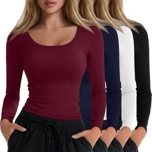 4 Pack Women's Underscrub T-Shirts, Long Sleeve 65% Cotton Tees Slim Fit Scrub Tops Scoop Neck Basic Layer Shirts (Medium, Black, White, Navy (Black, White, Navy Blue, BurgundyRed)