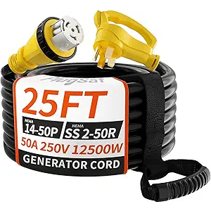 PlugSaf 50 Amp Generator Cord, 25FT 50 Amp RV Extension Cord with Twist Lock, Generator Cable 50A 4 Prong Yellow, NEMA 1450P/SS250R Heavy Duty STW Wire for RV Camper & House