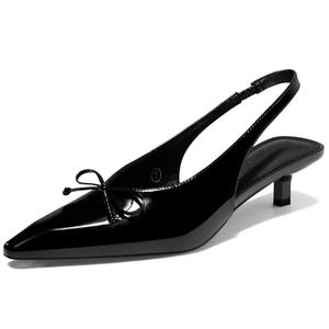Coutgo Womens Slingback Kitten Low Heels Dress Shoes Closed Pointed Toe Bow Tie Slip on Office Work Pumps, Black, Size 7.5