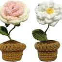 Mini Potted Artificial Plants Crochet Handmade Kintting Flowers for Office Desk Decor and Shelf Decor- for Gift, Birthday, Ideas for Valentine's Day (Roses and Gardenias)