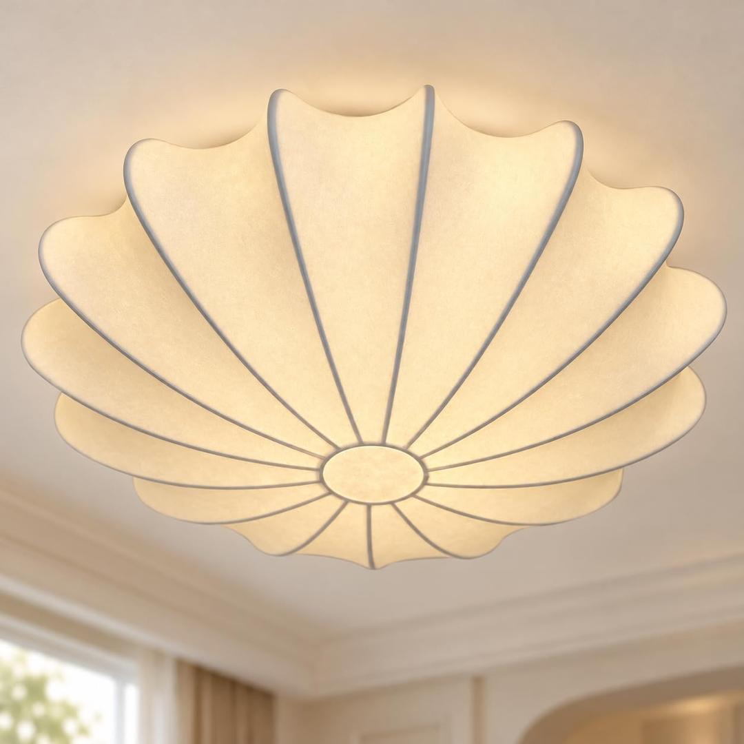 Japanese Silk Flush Mount Ceiling Light Mid Century Fabric Hanging Lantern Ceiling Light Modern White Overhead Light for Entrance Living Room Bedroom