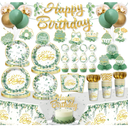 213 Pcs Sage Green Birthday Decorations Plates and Napkins Set, Gold and Green Eucalyptus Flowers Banner Balloons Cake Topper greenery Tablecloth Women Birthday Decorations Table Decor
