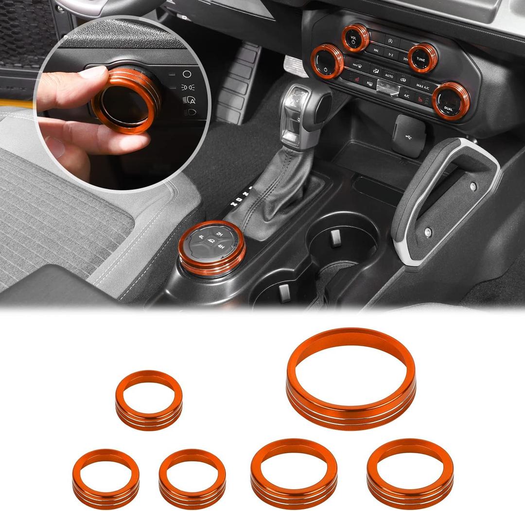 JWWY Air Conditioner Headlight Switch Knob 4WD Wheel Drive Trailer Gear Switch Knob Cover for 2021-2025+ Ford Bronco Accessories Aluminum Alloy 6PCS OrangeDon't fit Bronco Sport