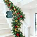 9FT Lighted Christmas Garland Battery Operated with Red Berries & Pine Cones, Outdoor Christmas Garland for Stairs, Artificial Prelit Christmas Galands with Lights