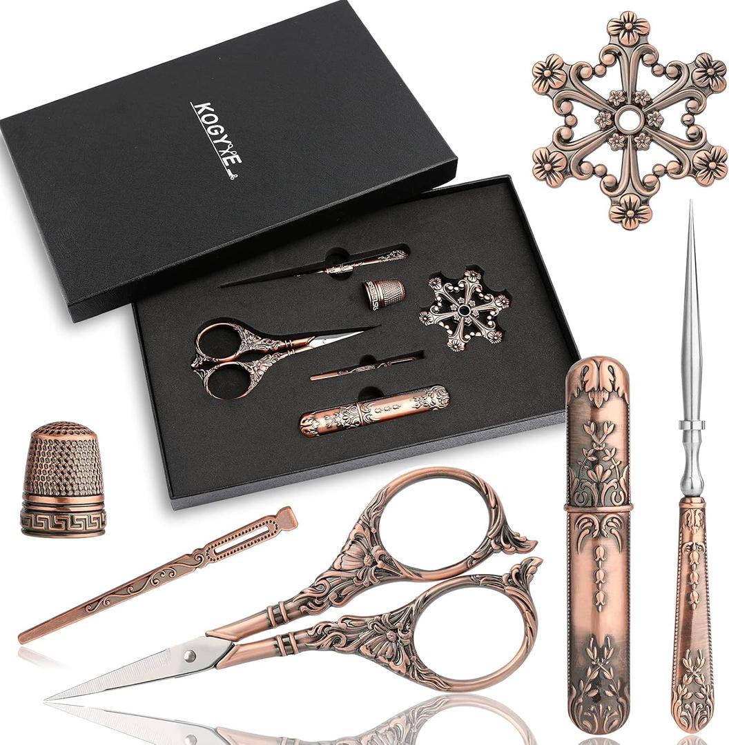 Embroidery Scissors Kits, Sewing Kit with Sewing Needle Case, Complete Vintage Sewing Tools, European Style Sewing Scissors, Thimble and Metal Floss Bobbin for Needlework, Sewing, Craft(Coppery)