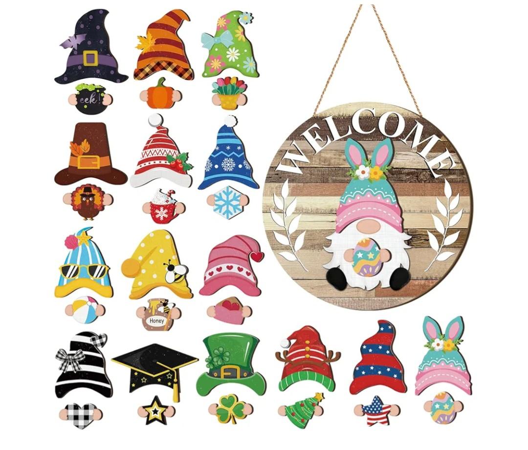 Qunclay Interchangeable Wooden Gnome Decor Holiday Seasonal Gnome Decorations with Magnet Pieces and Detachable Hats Changeable Welcome Sign for Home (Farmouse)