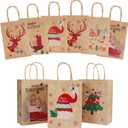 Mjokoj 24 Pack Bags - 6 Designs Kraft Paper Bags, 8.26x5.90x3.14 Inches With Handles, Suitable for Holiday, Reusable Xmas Gifts