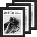 8x10 Picture Frame Set - 3 Pack, Textured Black Solid Wood, HD Tempered Glass, Gallery Photo Frame, Table or Wall Display