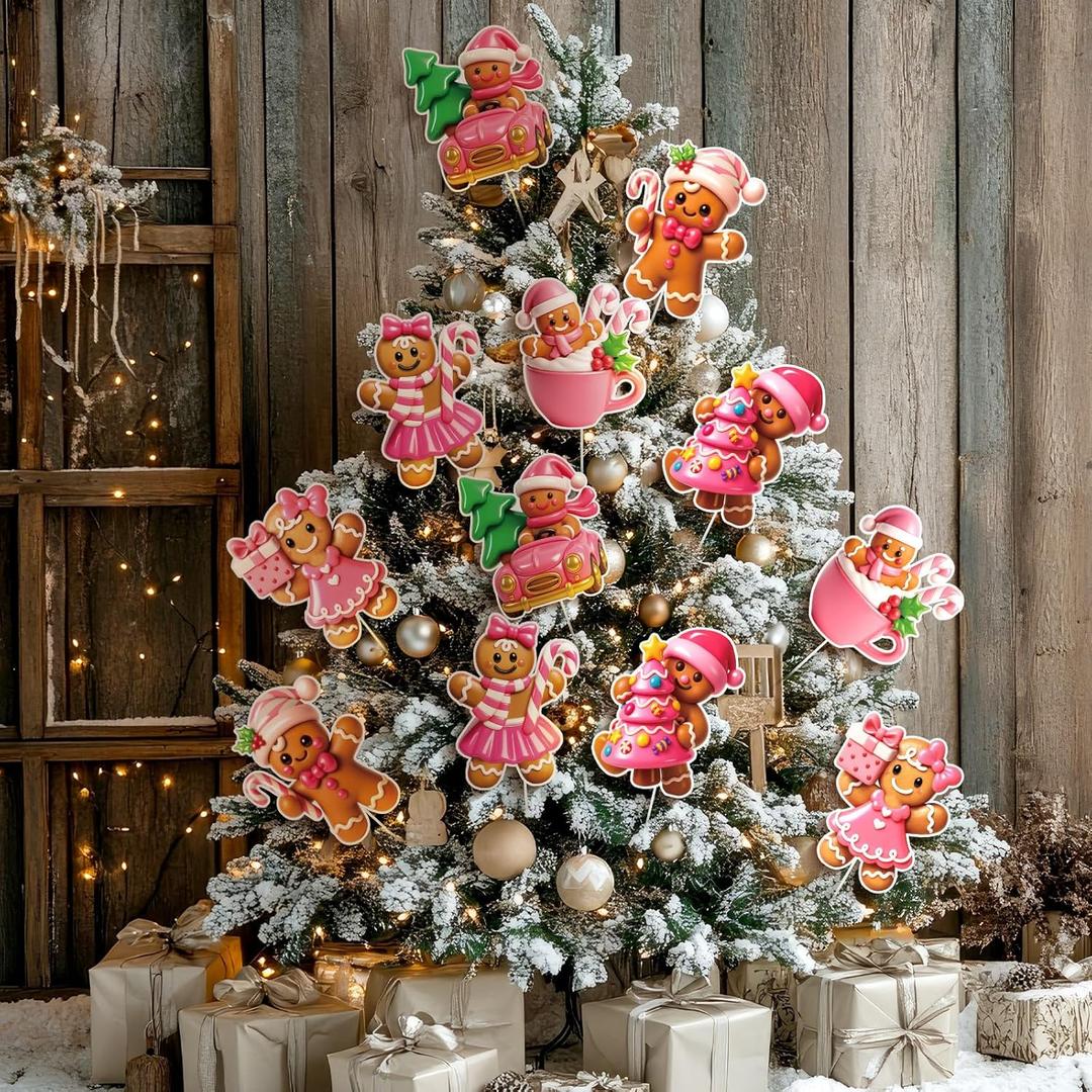 Giegxin 12pcs 10 x 8 Inches Cute Gingerbread Man Christmas Tree Picks 3D Gingerbread Christmas Decor with Sticks Cute Ornaments for Xmas Tree Topper Home School Office Garden Patio Winter Holiday (Pink)