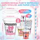 50 Sets Burnouts or Bows Themed Party Supplies 12 oz Burnouts and Bow Party Cups Pink and Blue Plastic Disposable Cups with Lids and Paper Straws Western Gender Reveal Decorations for Baby Shower