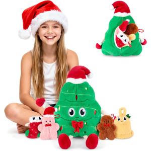 5-in-1 Christmas Tree Stuffed Animal with Babies Inside, 5PC Set Plush Pillow with Mommy & 4 Babies, Christmas Tree Decor, Stuffed Animal Gift, Imaginative Play Toy