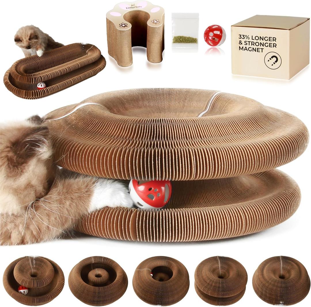Magic Organ Cat Scratcher with Bell Ball and Catnip - Longer, Stretchier Accordion Cardboard Scratching Pad with 4 Strong Magnets - Interactive Kitty Kurlz Cat Toy
