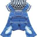 Small Dog Hoodie Clothes Cute Stripe Shirts Denim Jumpsuit One-Piece Outfit for Small Medium Dogs Cats Boy Girl Chihuahua Blue Jeans Overalls Puppy Costume (Blue,M)