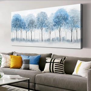 Forest Wall Art Blue and White Misty Trees Landscape Artwork 29"x58", 29L" x 58W"