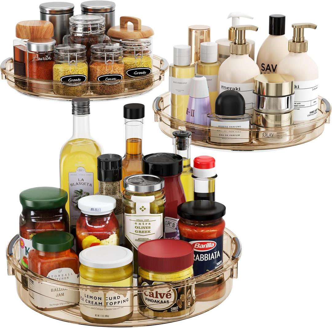 LAMU 3 Pack Lazy Susan Organizer Turntable for Cabinet, Condiment Organizer for Kitchen Pantry Organizers and Storage, Table Top, Fridge, Countertop, Spice Organization, 12'' 10.6'' 9.25'', Amber