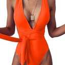 Lilosy Sexy Lace Up Plunge Neck Backless High Waisted Low Cut Leg Rise Thong Cheeky Brazilian 1 Piece Bikini Swimsuit Women Back Bathing Suit Tie Criss Cross Monokini Neon Orange X-Large