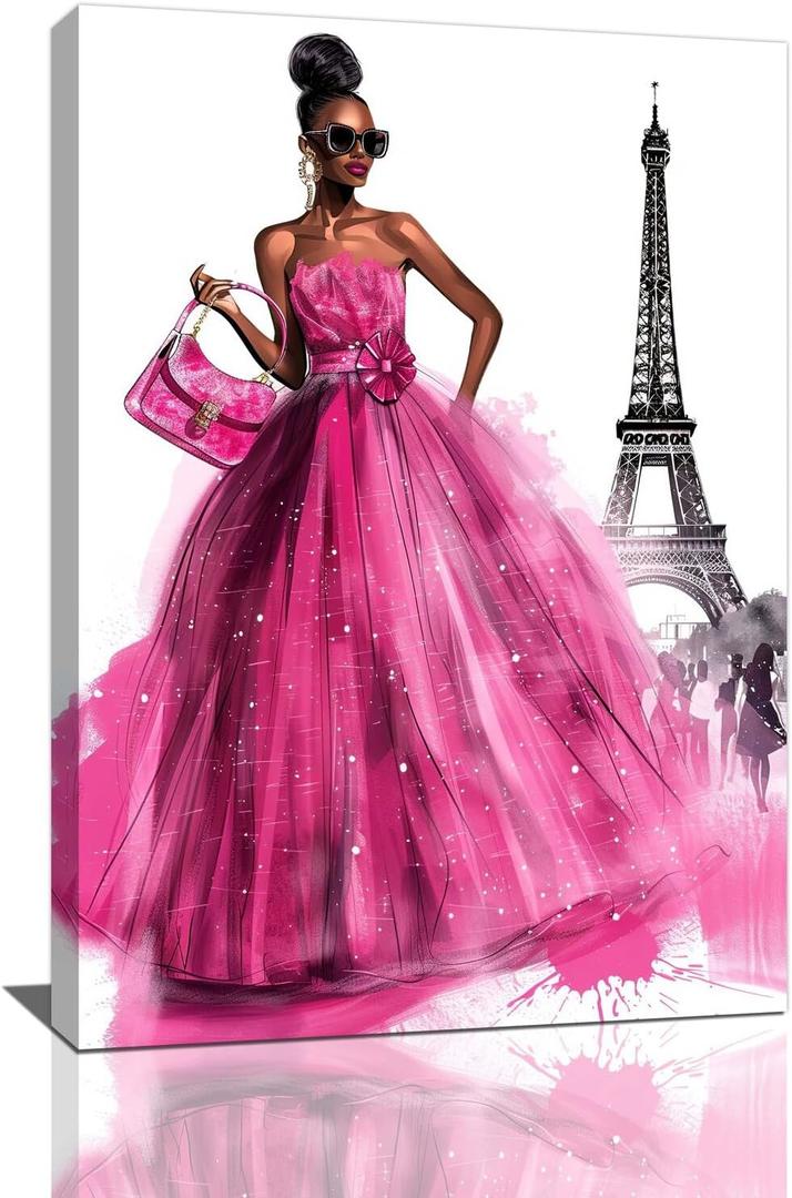 African American Canvas Wall Art Pink Dress Women Fashion Black Girl Pictures Decor Paris Eiffel Tower Painting Prints Modern Framed Artwork for Home Bedroom Bathroom Living Room Office 16"x24"