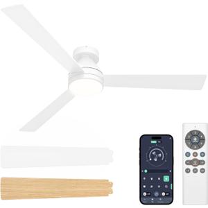 VOLISUN Ceiling Fan with Lights, 52 inch Low Profile Ceiling Fan with Light and Remote, Reversible, 3CCT, Dimmable, Noiseless, White Flush Mount Ceilings Fans for Bedroom, Indoor/Outdoor