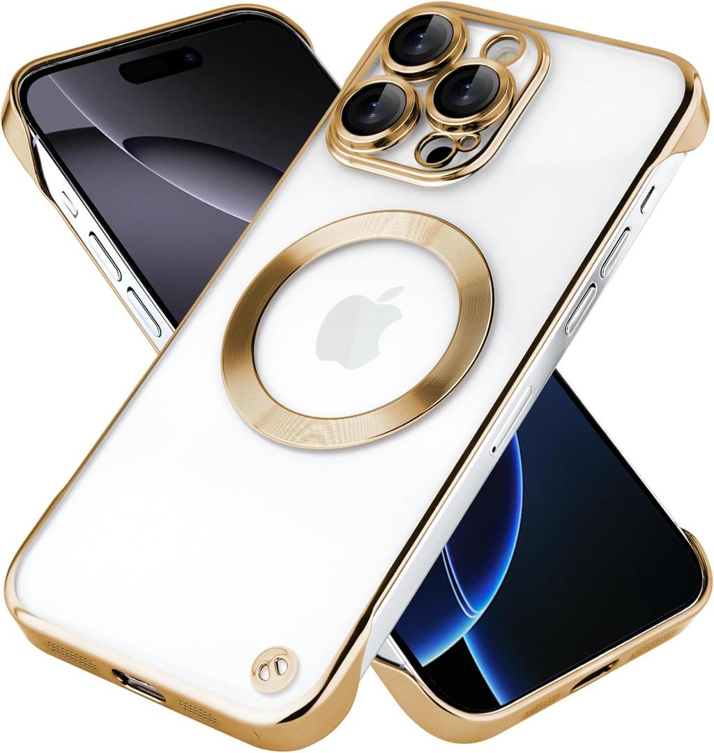 Frameless for iPhone 16 Pro Max Case with Camera Lens Bumper, [Compatible with MagSafe] Transparent Clear Plating Ultra Thin and Shockproof Cover for Girls and Women, Gold