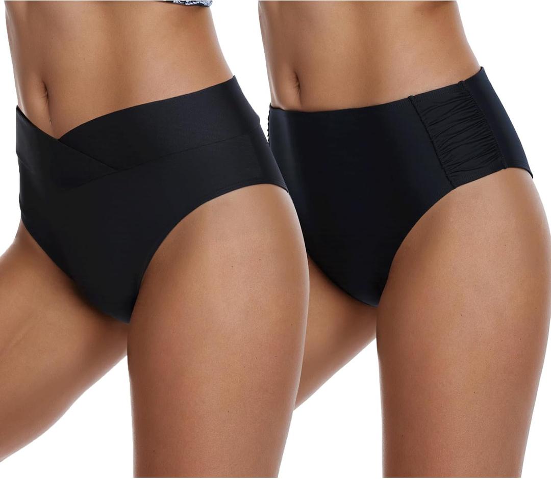SEAFORM Women Swimsuit Bikini Bottoms String Adjustable Side Tie Bikini Bottoms 2 Pack High and Low Bikini Bottom for Women (Black)