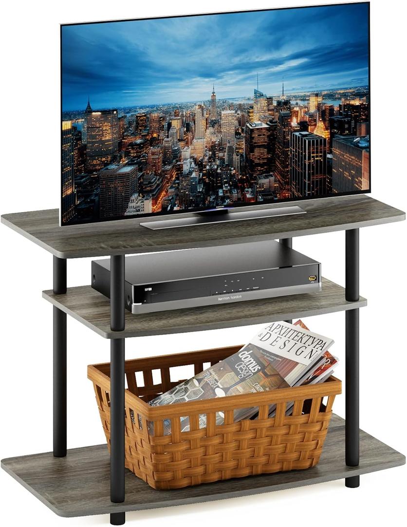 Furinno Turn-N-Tube No Tools 3-Tier Entertainment Center TV Stand for TV up to 32 Inch, Plastic Round Tubes, French Oak Grey/Black, 32-Inch Plastic Poles