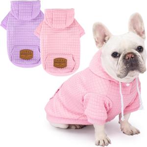 2 Pack Dog Hoodie Sweaters for Small Medium Dogs Warm Dog Clothes for Large Dogs Soft Waffle-Like Laminated Sweatshirt Bulldog (Pink+Purple, L (Back: 19",Chest: 28", Neck: 17.5"))