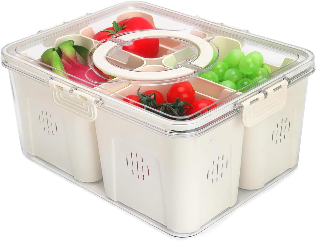Shopwithgreen Fruit Storage Containers for Fridge with Lid and Handle, Portable Fresh Produce Saver, Food Box Container with 4 Removable Colanders for Berry, Vegetable, Refrigerator Organizer Bins