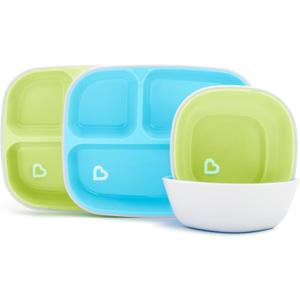 Munchkin Splash 4 Piece Toddler Divided Plate and Bowl Dining Set, Blue/Green