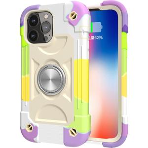 Omio Compatible with iPhone 12 Pro Max Case with Ring Stand, Heavy Duty Case for Women Men Military Grade Shockproof Phone Case with Magnetic Car Mount for iPhone 12 Pro Max 6.7 Inch, Rainbow Beige