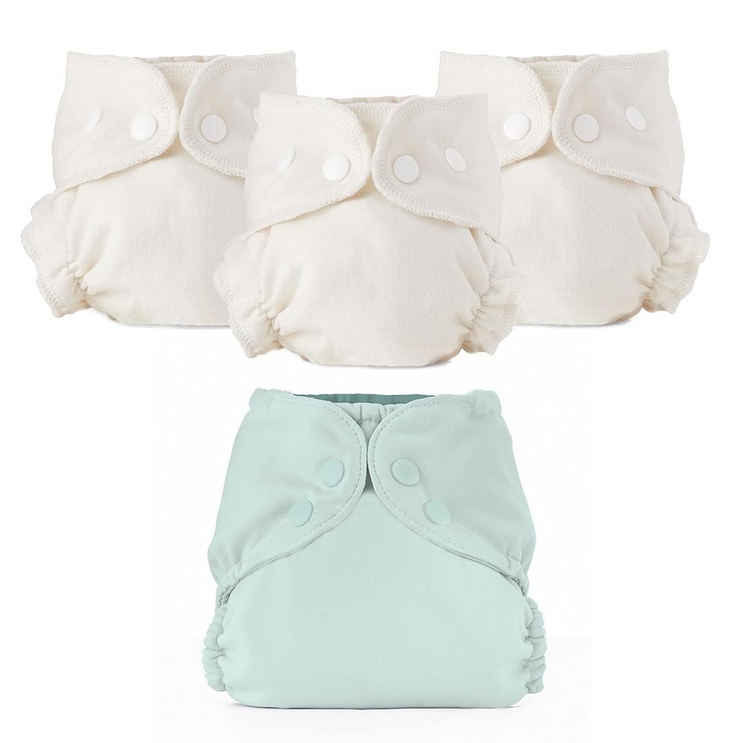 Esembly Cloth Diaper Bundle Set - 3 Organic Cotton Absorbent Inners and 1 Waterproof Outer Diaper Cover - Reusable, Washable, Snap Closure Cloth Diapers - Size 1 (7-17lbs), Mist