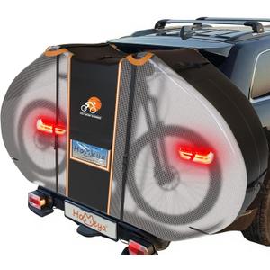 Bike Cover for Transport 2 Bike, Heavy Duty 600D PU Waterproof Travel Bike Cover on Rear Bike Rack with Tail Light Visibility & License Plate Window, Outdoor Bicycle Rack Cover on Car Hitch Storage