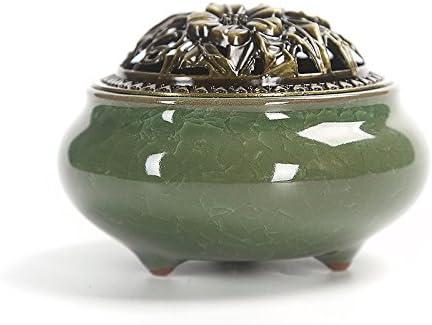 Colorful Ceramic Ice Cracked Incense Burner, Household Incense Holder, Zen Buddha Cone Coil Stick Incense Base with Cover (Green)