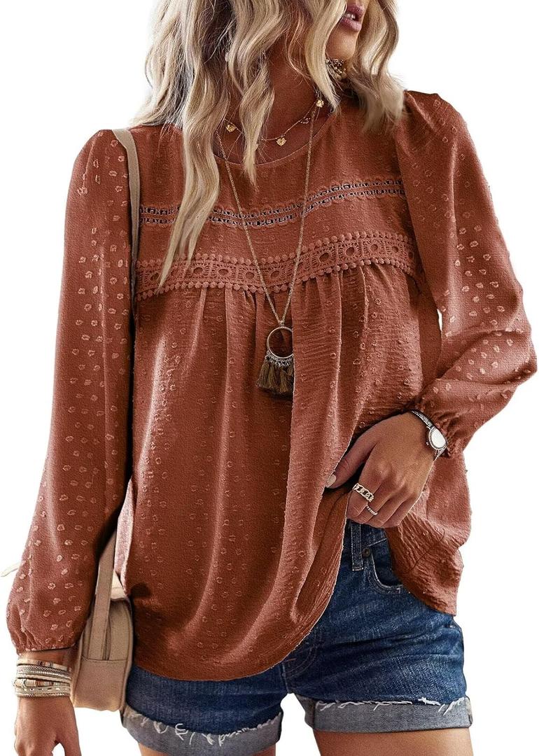 Falechay Boho Tops for Women Long Sleeve Shirts Crewneck Flowy Womens Blouses Dressy Casual Lace Hem Clothing Trendy 2026 (X-Small, Orange)