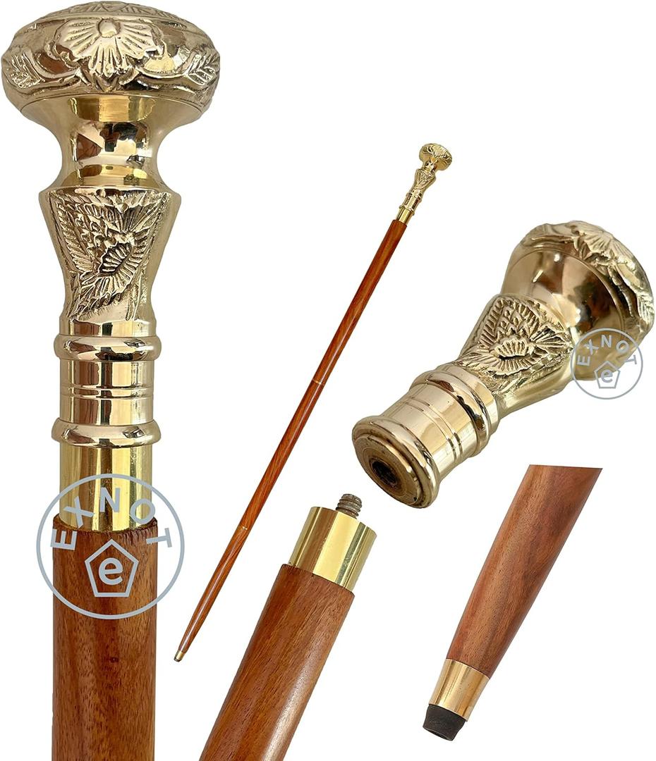 Vintage Brass Handle Victorian Telescope Fold able Wooden Walking Stick Walking Cane Ideal Gift