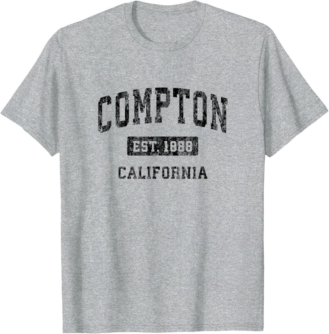 Compton California CA Vintage Sports Design Black Design T-Shirt (Small, Grey)