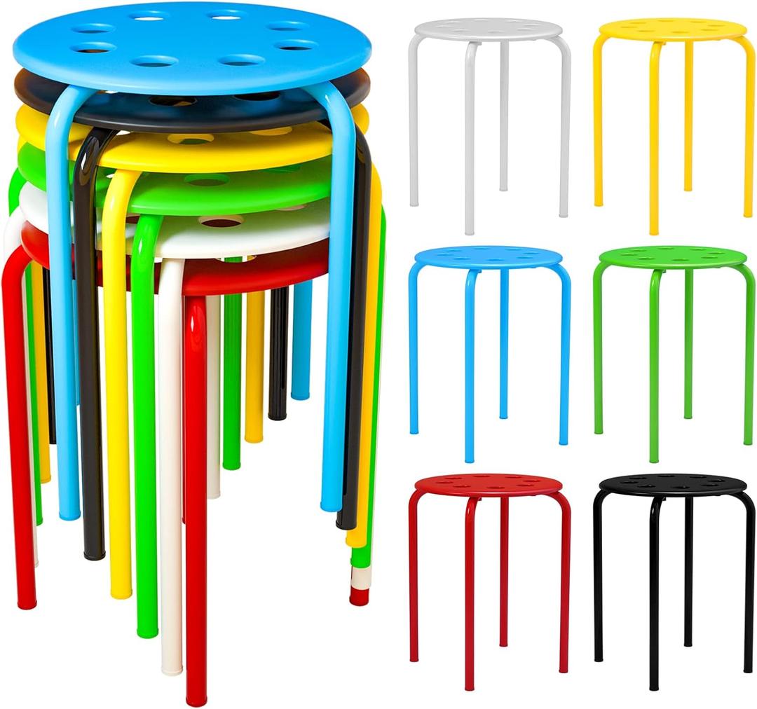 12 Pack Plastic Stack Stools - Stackable Stools with Metal Frame, Backless, Multi-Color, Round Top for Students, Adults, School, Office, Home