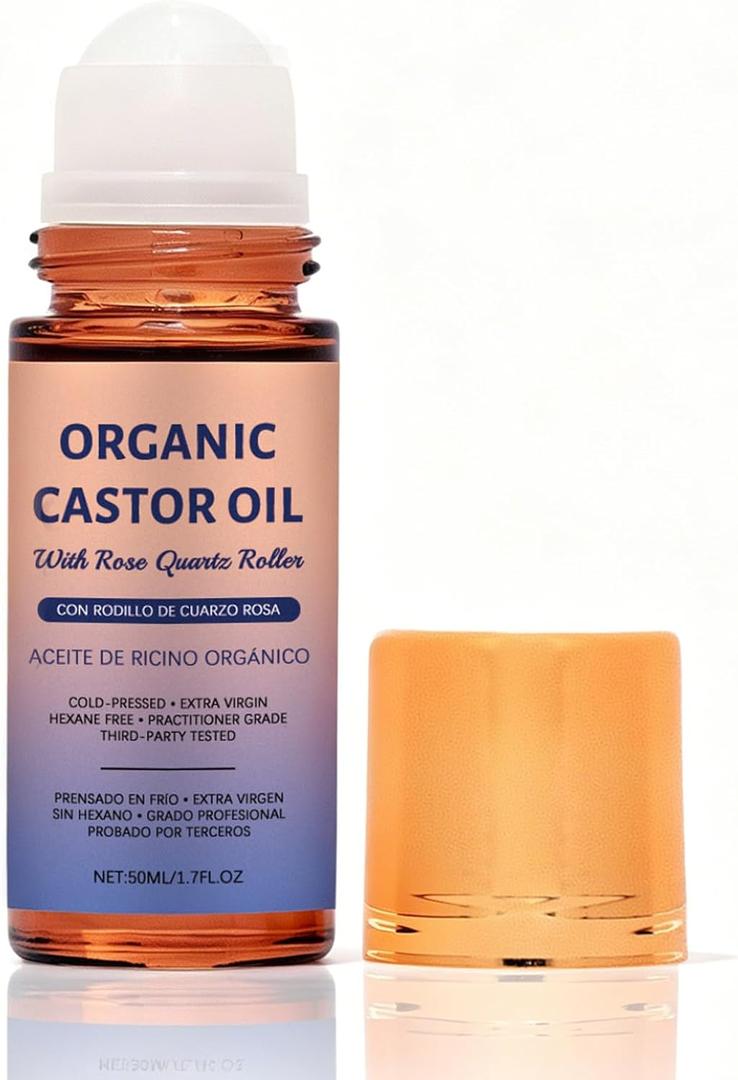 Organic Castor Oil Roll On with Rose Quartz Roller, 100% Castor Oil Organic Cold Pressed, for Face and Body, Hair, Eyebrows, Moisturize Skin(1 PC)
